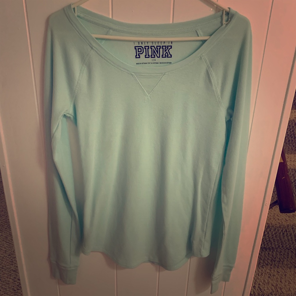 Long sleeved light blue love pink shirt
